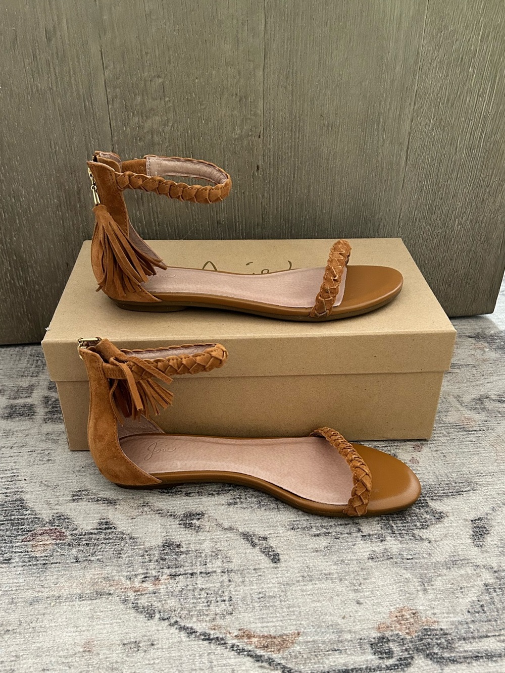 Joie Amina Braided Ankle Tassel Flat Sandals - Whiskey Suede